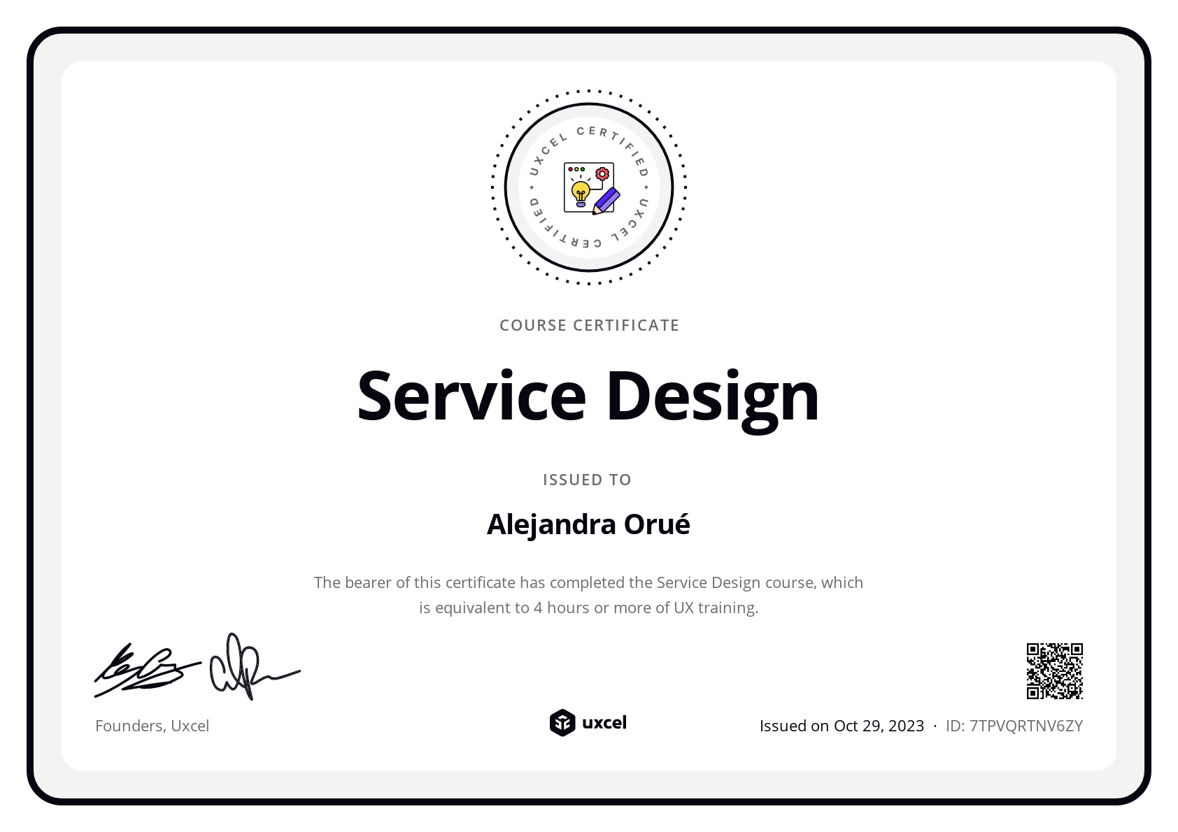 Alejandra Orué's certificate